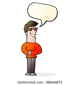 cartoon grinning man wearing sunglasses with speech bubble