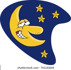 cartoon grinning moon and stars