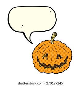 cartoon grinning pumpkin with speech bubble