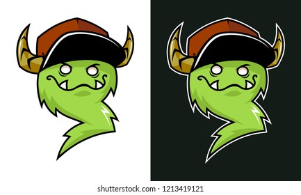 Cartoon grinning troll mascot with horns in cap