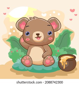 Cartoon grizzly bear eating honey in the garden isolated on beautiful scenic background
