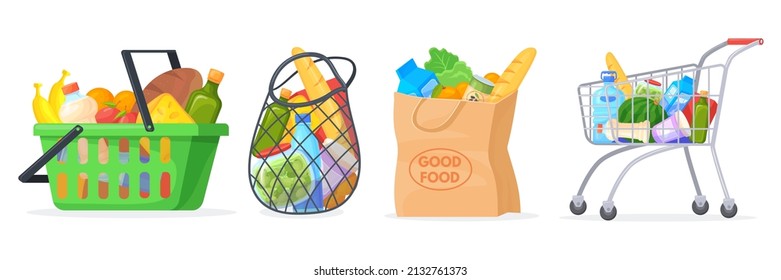 Cartoon Grocery Baskets. Supermarket Boxes, Plastic Cart Shop Trolley With Buy Food, Groceries Store Bag, Charity Product Box Fresh Vegetable Milk Bread, Neat Vector Illustration. Grocery Basket Box