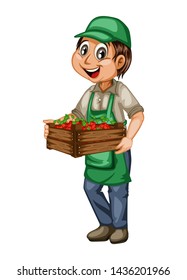 Cartoon Grocery Seller Holding Wooden Box with Berries. Young Farmer Vector Mascot Character Selling Berries in the Street Isolated on White Background