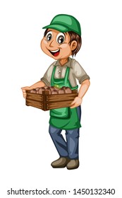 Cartoon Grocery Seller Holding Wooden Box with Fruits. Young Farmer Vector Mascot Character Selling Fruits in the Street Isolated on White Background