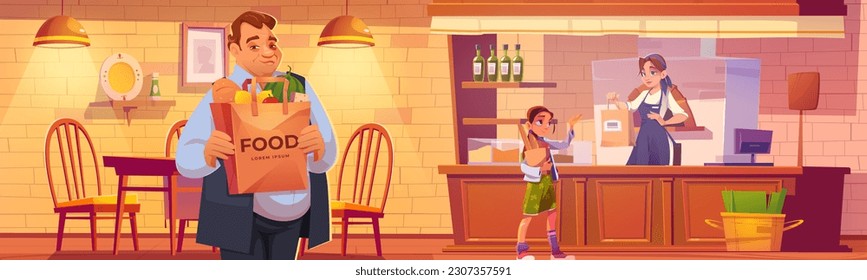 Cartoon grocery shop with people. Vector illustration of man with bag of food to-go, girl buying fresh bread in bakery, paying to female seller at cashdesk, table and chairs for guests in cafe