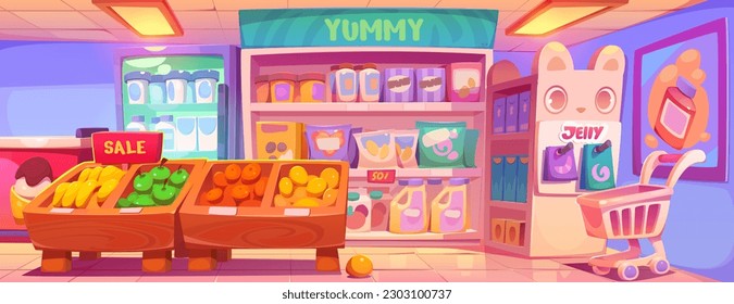 Cartoon Lebensmittelgeschäft Interieur mit kawaii-Produkten. Vektorgrafik des Lebensmittelgeschäfts mit süßen bunten Kisten, Flaschen und Packungen auf Regalen, frisches Obst, Discount- und Verkaufstitel, Einkaufswagen