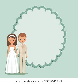 Cartoon groom, bride with space for text. Vector. Animated wedding characters standing. Couple newlyweds. Invitation template Save the date card. Flat avatars people. Holiday background.