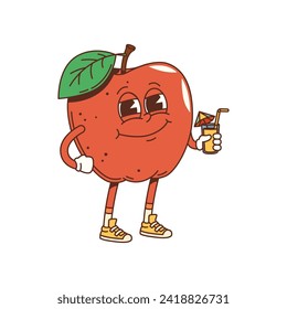 Caricatura groovy personaje de manzana en estilo de arte hippie, vector aislado. Manzana groovy de vacaciones con bebida de cóctel, cómico feliz hipster fruta para la estampación de camisetas para niños o emoticono de dibujos animados hippie