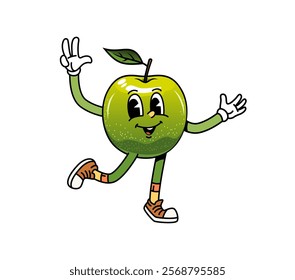 Cartoon groovy apple fruit character with happy face and fingers peace sign, vector emoji. Groovy green apple smiling with freaky emotion and peace or cool Hi gesture sign as retro cartoon character