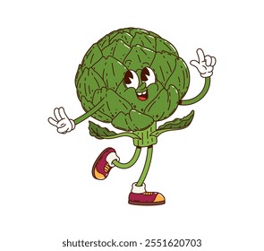 Cartoon groovy artichoke vegetable character. Isolated vector healthy food retro personage with expressive eyes, wearing vintage sneakers, and striking a playful pose with its finger pointing upward