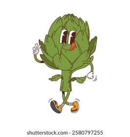 Cartoon groovy artichoke vegetable character. Isolated vector healthy food retro personage with expressive eyes, sticking tongue, and vintage sneakers, flashing a peace sign while playfully strolling