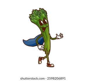 Cartoon groovy asparagus Halloween wizard vegetable character wearing blue magician cape and retro hippie sneakers. Isolated vector cheerful veggie sorcerer personage exudes a funky y2k hippie vibe