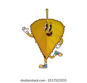 Cartoon groovy autumn fall leaf thanksgiving character with cheerful and lively expression, waving and dancing. Isolated vector playful seasonal funky tree leaf personage embodies joy and celebration