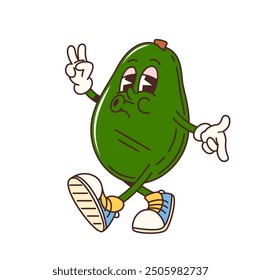 Cartoon groovy avocado vegetable character. Cool tropical veg personage with expressive eyes, gloves and sneakers is strutting confidently making a peace sign and showcasing a laid-back and funky vibe