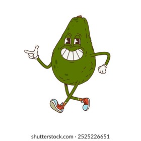 Cartoon groovy avocado vegetable character. Isolated vector tropical fruit personage with a big smile, cool sneakers and cheerful face, pointing and representing relaxed, fun and playful retro vibes