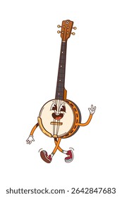Cartoon groovy banjo instrumento musical personagem. Vetor isolado arrancou personagem fantasia com abutre longo e cordas tocando folk, country, música étnica. instrumento de sorrir vintage americano