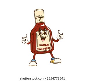 Cartoon groovy barbecue sauce bottle character with happy face, vector emoji. Groovy BBQ sauce bottle character in retro cartoon with thumbs up and funky happy smile for fast food hot dog or grill