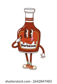 Cartoon groovy barbecue sauce bottle character with tongue out expression and pointing finger gesture. Vector retro food container for grill bbq party with bold flavor, funky and expressive y2k vibe
