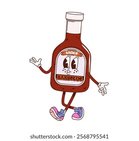 Cartoon groovy barbecue sauce character with funny face, vector comic emoji. Groovy BBQ sauce bottle in retro cartoon with funky happy smile in hipster shoes for fast food hot dog or grill character