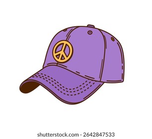 Cartoon groovy baseball cap with peace symbol. Vector purple cap or headwear in retro y2k hippie design features curved visor and stitching detail expressing fun and nostalgic sporty vibe