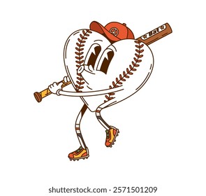 Cartoon groovy baseball heart character in cap and sneakers, swinging a wooden bat exuding quirky vibe. Vector sports gear retro personage exudes positive, sporty vibe and love to sport on the field