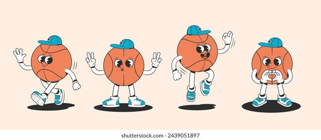 Cartoon groovy basket ball character in groovy style in different poses. Characters from the 30s. Funny colorful illustration in hippie style.