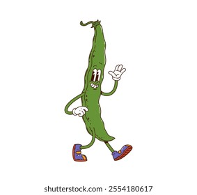 Cartoon groovy bean pod vegetable character. Isolated vector cheerful green bean pod retro personage with expressive eyes, wearing vintage sneakers, walking and waving hand with funky hippie y2k vibes