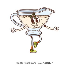Cartoon groovy bechamel sauce character with parsley cheerfully dancing and gesturing with fun expression and playful pose. Isolated vector glass gravy boat retro food personage full of tasty dressing
