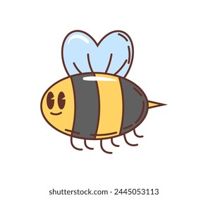 Cartoon groovy bee character buzzing around with laid-back attitude and love for funky tunes. Isolated vector plump, yellow and black striped bee with googly eyes, fluttering wings and friendly smile