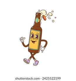 Cartoon groovy beer bottle character. Isolated vector lively glass flask with foamy drink and contagious grin, exuding a funky vibe. Funny animated personage radiates joy and a playful carefree spirit