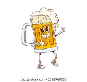 Cartoon groovy beer drink and beverage character. Bar alcohol drink mug cartoon vector mascot, pub beer tankard or Oktoberfest ale glass funky character, brewery alcohol drink mug groovy personage