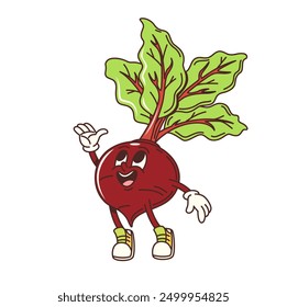 Cartoon groovy beet vegetable character with vibrant leaves. Vector cheerful beetroot with expressive eyes, gloves, and sneakers is waving and smiling, showcasing a lively and friendly healthy vibes