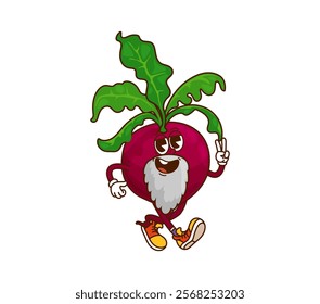 Cartoon groovy beetroot Halloween wizard vegetable character. Isolated vector whimsical beet magician personage struts with a playful smile, sporting a gray beard and sneakers, displays a peace sign