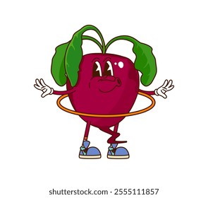 Cartoon groovy beetroot vegetable character workout with hula hoop on fitness sport. Isolated vector ripe beet veggie retro sportsman, farm crop personage engaged in healthy lifestyle and activities