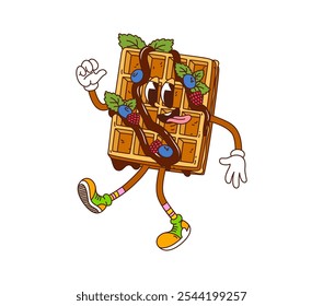 Caricatura groovy belga waffle panadería y pastelería personaje. Oblea de Vector de dibujos animados con cara feliz, cubierta de jarabe de chocolate, bayas y hojas de menta, caminando enérgicamente, con zapatillas de colores