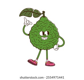 Cartoon groovy bergamot fruit character. Isolated vector fresh citrus bergamia plant retro personage with wrinkled green peel, conveying happiness and energy, promotes healthy eating and funky vibes