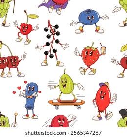 Cartoon groovy berry characters seamless pattern, vector background. Groovy funny berry characters pattern of smiling strawberry, happy honeysuckle with kiss hearts, funky cherry and silly blueberry