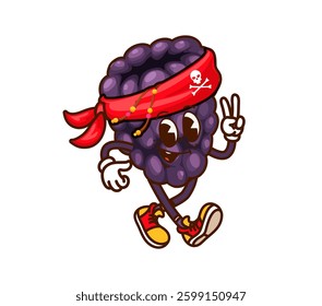 Cartoon groovy berry pirate or corsair character, vector comic blackberry. Groovy berry pirate or blackberry Caribbean corsair with sailor bandana and Jolly Roger skull crossbones with hippie gesture