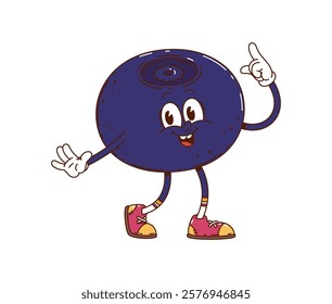 Cartoon groovy bilberry berry cheerful character. Garden fresh berry retro funky happy mascot. Ripe whortleberry groovy isolated vector funny character or farm orchard bilberry cheerful personage