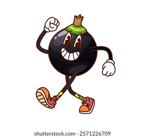 Cartoon groovy black currant berry character walking with big smile spread joy and liveliness. Isolated vector fun and energetic fruit with playful expression and retro hippie sneakers exudes y2k vibe