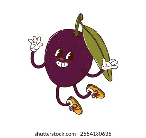 Cartoon groovy black olive vegetable character with vibrant sneakers and welcoming smile, joyfully jumping, captures playful spirit of laid back 60 era. Isolated vector Mediterranean cuisine personage