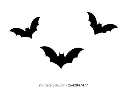 Cartoon groovy black silhouette of three flying bats, Halloween symbol of mystery, night, darkness and gothic horror. Isolated vector vampire animal shadows for spooky decorations, eerie bats swarm