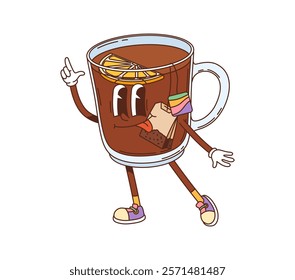 Cartoon groovy black tea glass cup character. Hot herbal drink glass mug groovy vector personage. Breakfast tea cup with lemon cheerful character or cartoon mascot showing tongue and pointing finger