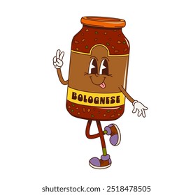 Cartoon groovy Bolognese sauce character. Isolated vector funny glass jar, food personage making a peace sign and dancing. Italian Bolognese sauce with cute smiling face ready for culinary adventures