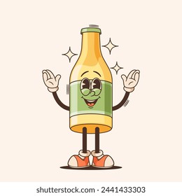 Cartoon Groovy Bottle Character. Isolated Vector Vibrant, Animated Glass Flask Personage Flashing Raised Arms Gesture