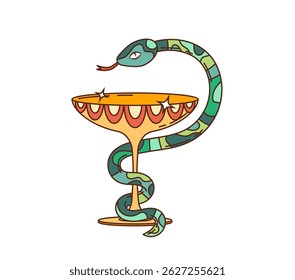 Cartoon tigela groovy de Hygeia símbolo médico com um réptil de cobra enrolada envolto em torno de um copo. Vetor emblema de farmácia médica clássica com curvas funky e expressiva vibe y2k, vintage simbólica