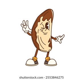 Cartoon groovy Brazilian nut character strikes a lively pose with cheerful wink and playful hand gesture exuding confidence and charm. Isolated vector retro food personage promotes healthy eating