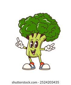 Caricatura groovy brócoli repollo carácter vegetal. Personaje alegre de verduras con ojos expresivos, guantes y zapatillas, pose divertida llamativa y haciendo un signo de rock, mostrando un ambiente animado y enérgico