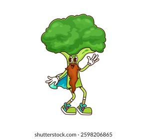 Cartoon groovy broccoli Halloween wizard vegetable character. Isolated vector veg warlock retro y2k personage with long beard, sneakers, and blue cape. Natural healthy food, fantasy fairytale veggie