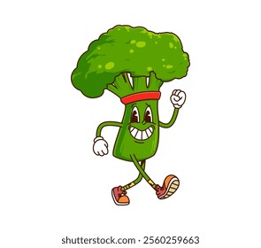 Cartoon groovy broccoli vegetable character running on fitness sport. Isolated vector fresh farm veggie sportsman, retro personage race on stadium or jigging engaged in healthy lifestyle and exercises